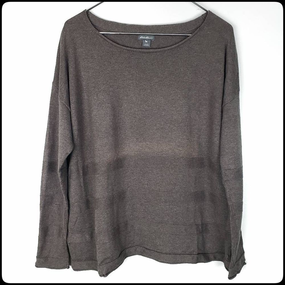 Eddie Bauer Lambswool Chocolate Long Sleeve Striped Pullover Sweater Size: Large